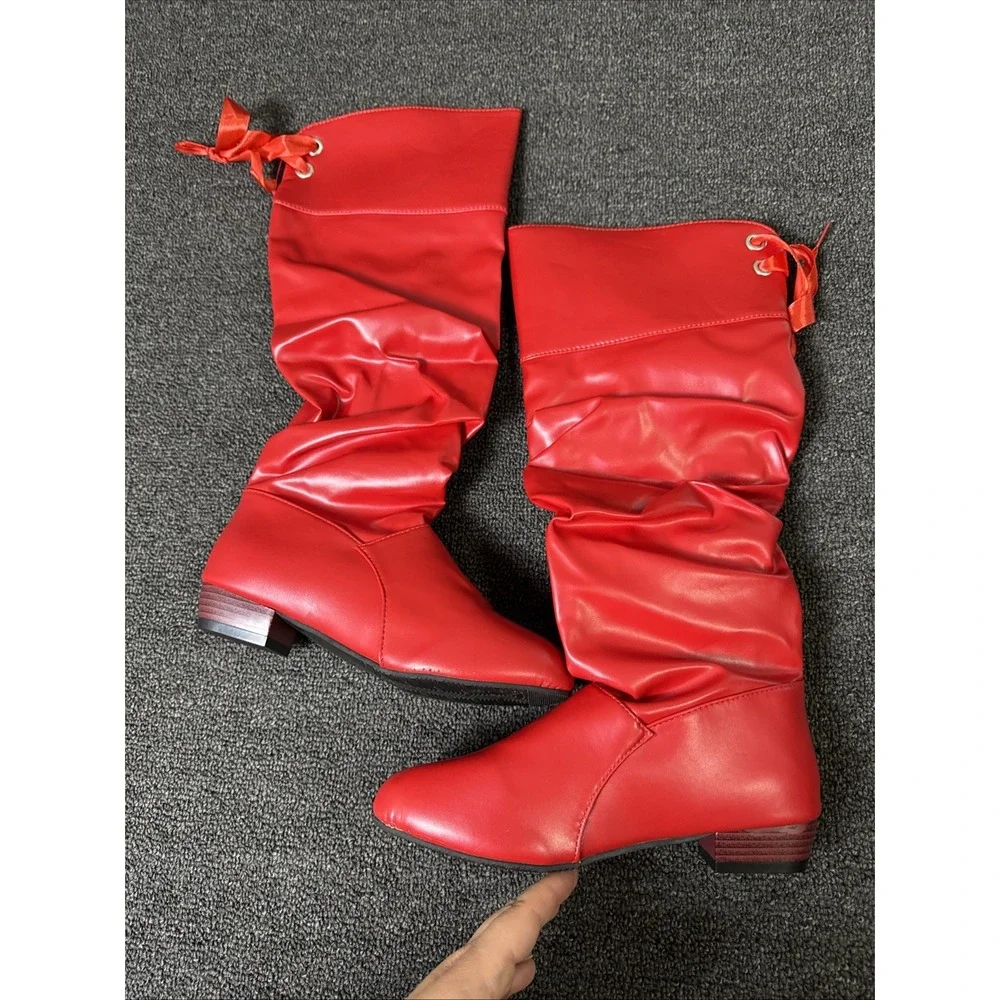 Women's Pull On Knee High Boots RED Shiny Faux Leather w/Decorative Ties 39 1109